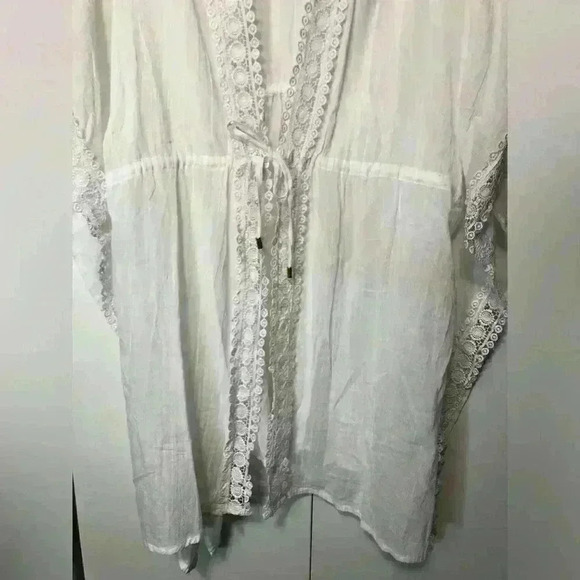 Club Z Collection Women 2X White Cotton Swim Crochet Lace Drawstring Cover Up - Picture 4 of 12